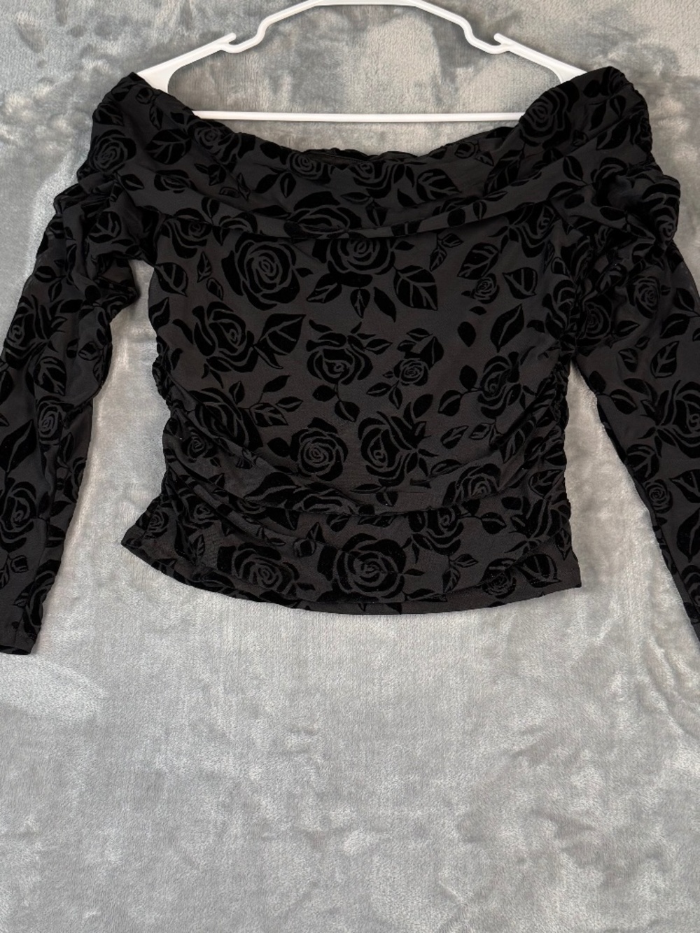 Wild Fable Black Floral Velvet Flocked Ruched Top Large Goth Romantic